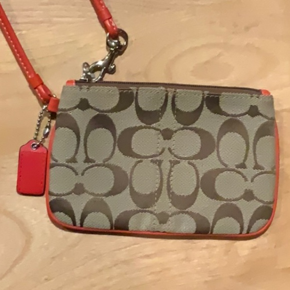 COACH Signature Fabric with Orange Leather Wristlet
